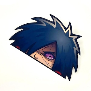 May include: A stylized anime character's eye and hair, featuring dark blue hair and a detailed eye with a purple spiral design. The image is a graphic design, likely a sticker or decal.