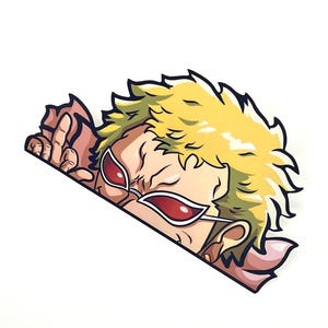 May include: A cartoon sticker featuring a character with spiky blonde hair, red sunglasses, and a pink scarf. The character is peeking out from behind a diagonal line, with a white background.