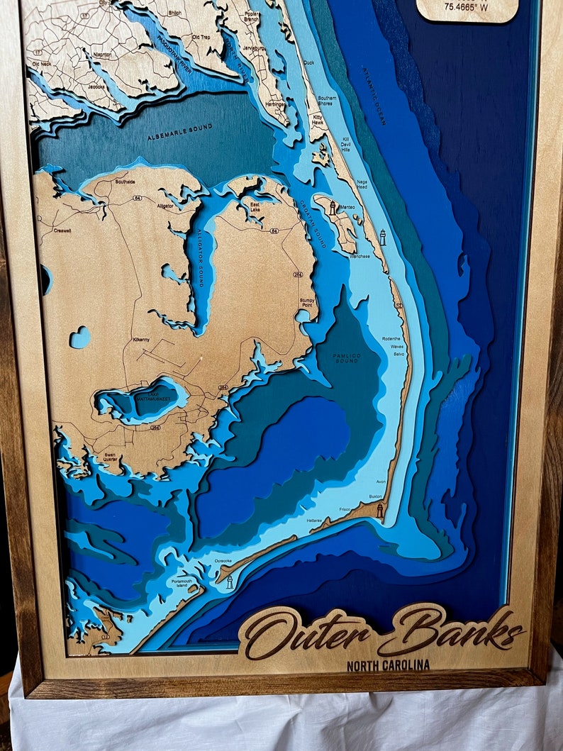 Handmade Framed Outer Banks North Carolina 3D Layered Nautical Wood Map