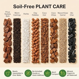 May include: An educational graphic showcasing various soil-free plant care mediums. The image displays Pinus Radiata Bark, Worm Castings, Perlite, Clay Pebbles, Coco Coir, Coco Chips, Mycorrhizae Carrier, and Bio Char. The text highlights benefits like preventing overwatering and being pH-balanced.