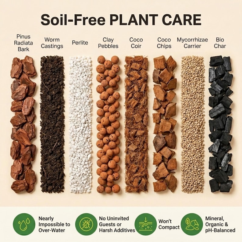 May include: An educational graphic showcasing various soil-free plant care mediums. The image displays Pinus Radiata Bark, Worm Castings, Perlite, Clay Pebbles, Coco Coir, Coco Chips, Mycorrhizae Carrier, and Bio Char. The text highlights benefits like preventing overwatering and being pH-balanced.