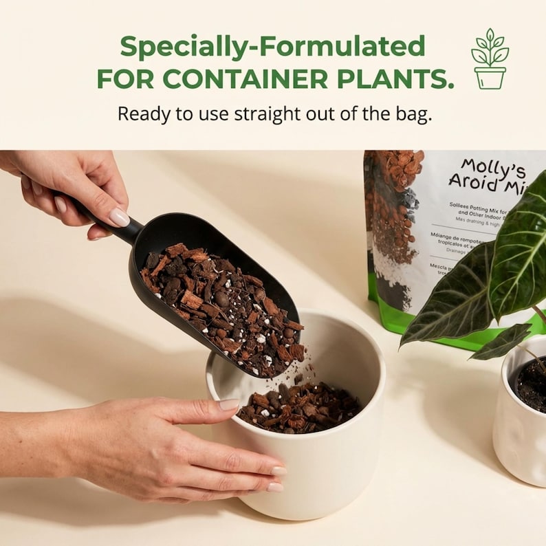 May include: A black scoop pouring potting mix into a white ceramic pot. The potting mix is a blend of brown and tan materials. Text at the top reads: "Specially-Formulated FOR CONTAINER PLANTS. Ready to use straight out of the bag."