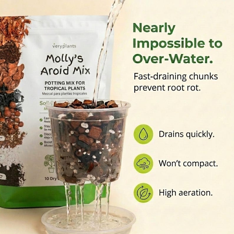 May include: A clear plastic cup filled with potting mix for tropical plants, with water pouring through it. The mix is labeled "Molly's Aroid Mix" and promises to prevent root rot. The text highlights fast-draining chunks, high aeration, and that it won't compact.