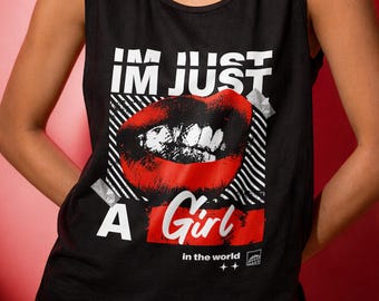 Im Just A Girl Tank 90s No Doubt Inspired Graphic Top Red Lip Design Y2K Aesthetic Feminine Grunge Style Concert Outfit Gift Idea