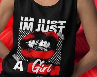 Im Just A Girl Tank 90s No Doubt Inspired Graphic Top Red Lip Design Y2K Aesthetic Feminine Grunge Style Concert Outfit Gift Idea
