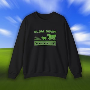 Pode incluir: Camisola preta com um gráfico verde de uma carroça coberta, bois e o texto "SLOW DOWN! I'm from the 1900s." O design tem uma estética de videogame retrô pixelizada.