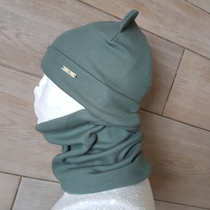 Kid&#39;s RIB  jersey stretch  beanie and neck warmer &quot;Teddy bear ears&quot;
