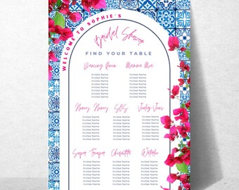 May include: A white printable bridal shower seating chart with a blue and white tiled pattern border. The chart has a pink floral design and the text "Welcome to Sophie's Bridal Shower Find Your Table". The chart lists table names such as "Dancing Queen", "Mamma Mia", "Nosey, Nosey", "SOS", "Voulez-Vous", "Super Trouper", "Chiquitite", and "Waterloo".