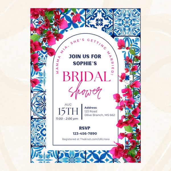 Mediterranean Bridal Shower Invite, Mamma Mia Invite, Greek Bridal Invite, Blue Tile Bridal Invite