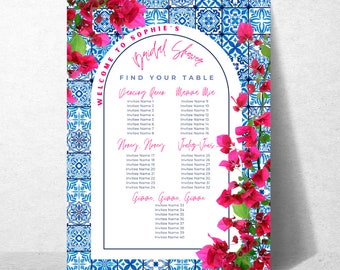 May include: A white card with blue and white patterned tiles and pink flowers. The card has the text "Welcome to Sophie's Bridal Shower" and "Find Your Table". The card lists names for different tables: Dancing Queen, Mamma Mia, Honey, Honey, Joulez-Vous, and Gimme, Gimme, Gimme.