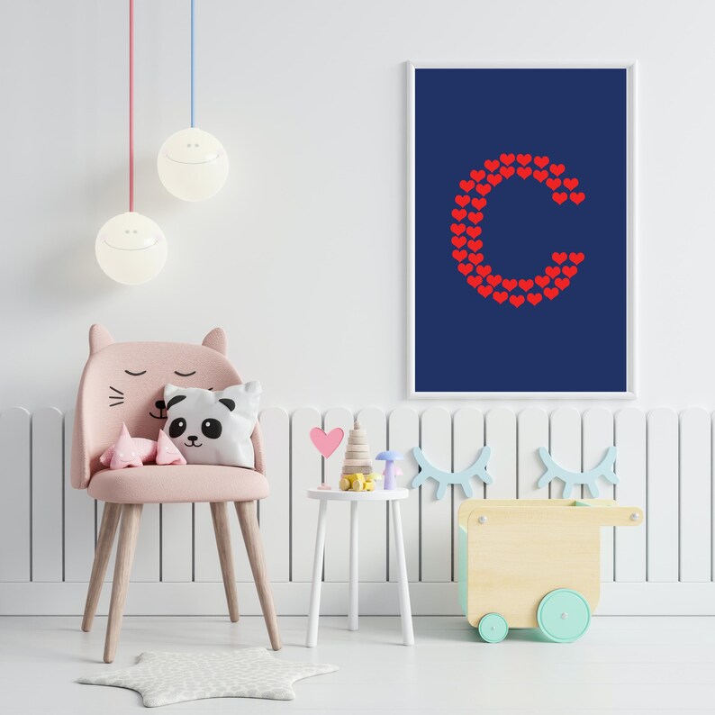 Navy and Red Heart Letter c Text Digital Downloadable Digital Wall Art