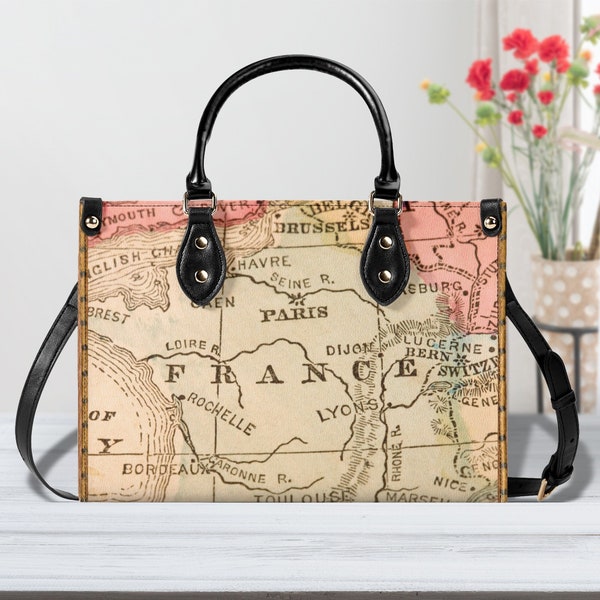 Map Print Handbag, Map Print Purse, Travel Bag, Gift for Traveler, Travel Handbag, Travel Purse, France Map Purse, PU Leather Bag