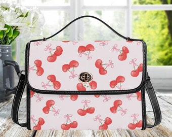 Cherry Print Satchel Bag: PU Leather Handbag with Strap