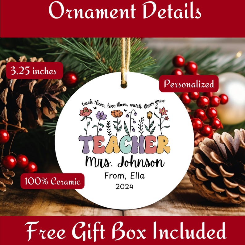 Teacher Ornament 2024 Personalized Teacher Tree Ornament Gift From