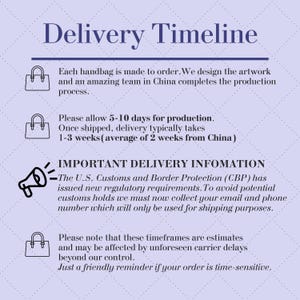 May include: A light purple graphic with the text "Delivery Timeline". The text explains the production and shipping times for handbags, including production time, shipping time, and important delivery information.