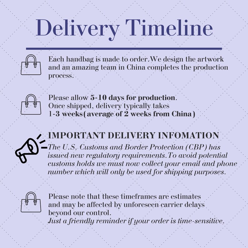 May include: A light purple graphic with the text "Delivery Timeline". The text explains the production and shipping times for handbags, including production time, shipping time, and important delivery information.