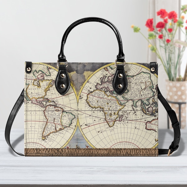 Vintage Map Print Handbag, Map Print Purse, Travel Bag, Gift for Traveler, Travel Handbag, Travel Purse,  Map Purse, World Traveler Gift