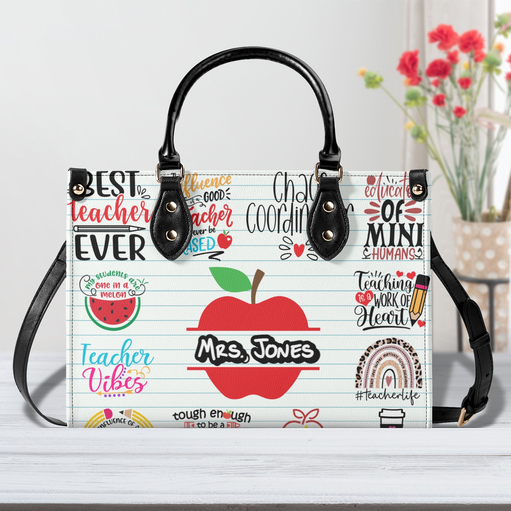 Personalized Teacher Handbag, Multi-size Vegan Leather Handbag - Main Image