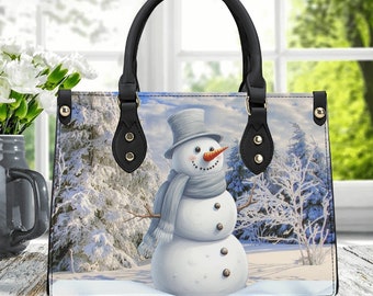 Winter Snowman PU Leather Handbag, Holiday Purse