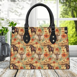 Western print handbag, Cowboycore faux leather ladies handbag, Gift for Horse Lover, Western style handbag, Horse Sketch Design Purse
