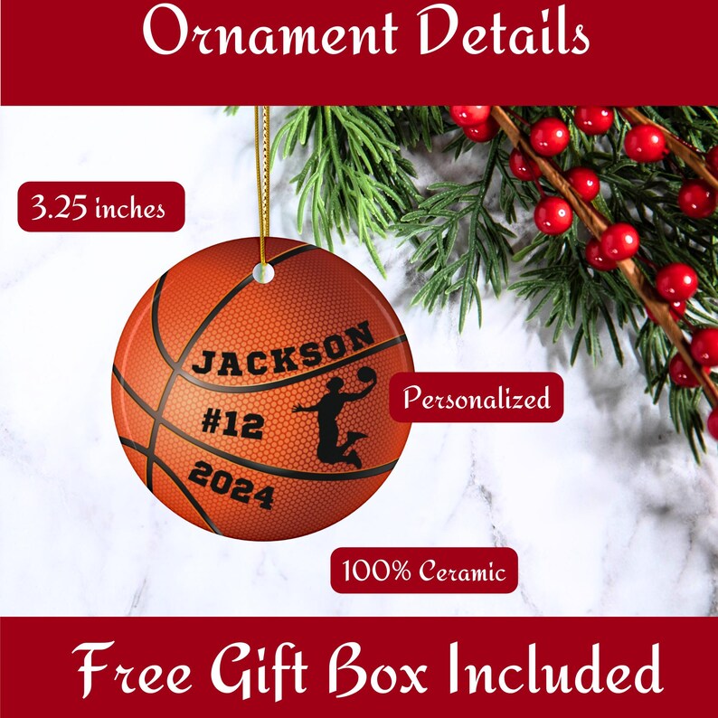 May include: A round ceramic basketball ornament, 3.25 inches in diameter, with personalized text and a silhouette of a basketball player. The ornament is orange with black lines and text. The text includes the name "JACKSON", the number "12", and the year "2024".