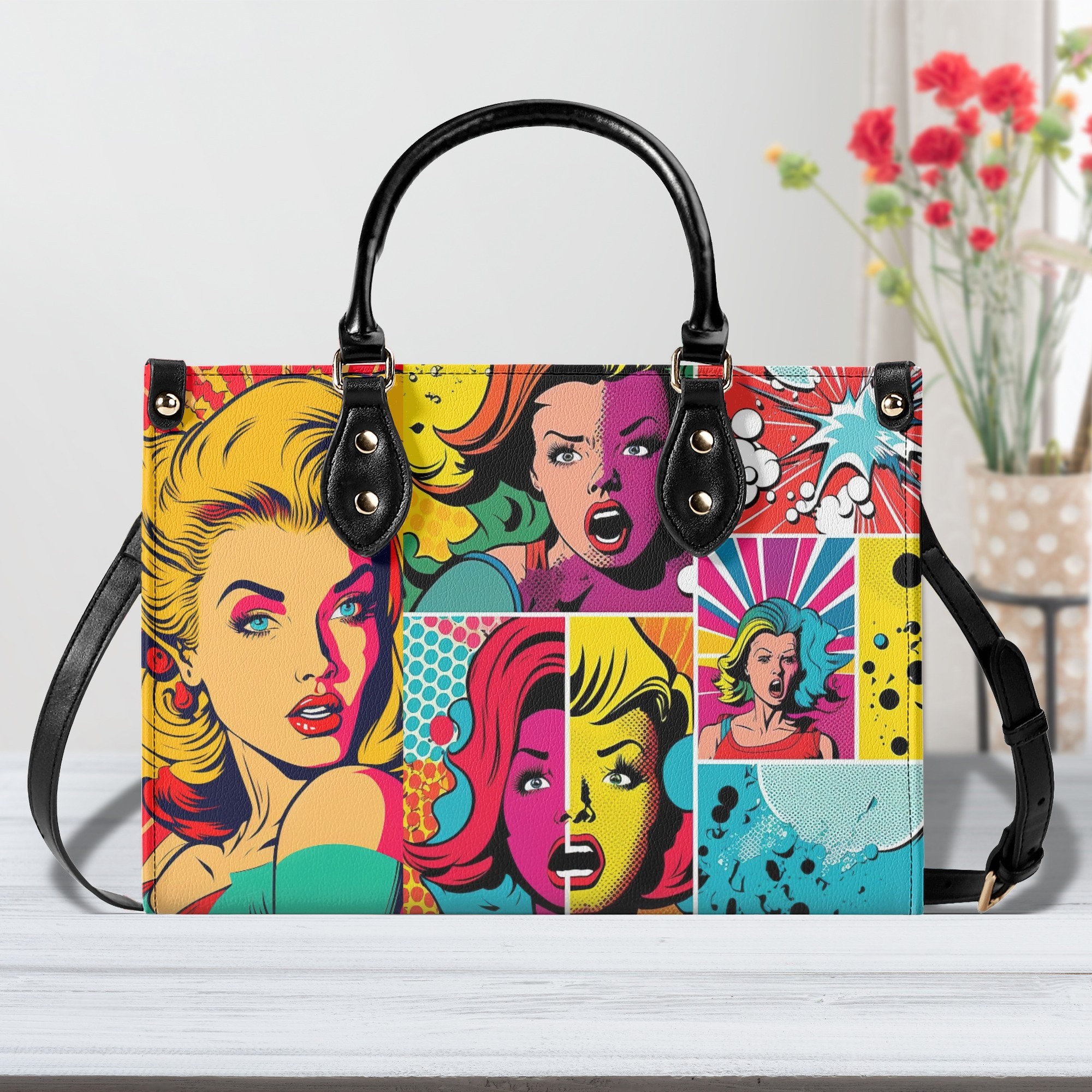 Pop Art Handbag, Retro-chic Purse, Unique Print Bag, Trendsetter Fashion, Playful Retro Mod ...