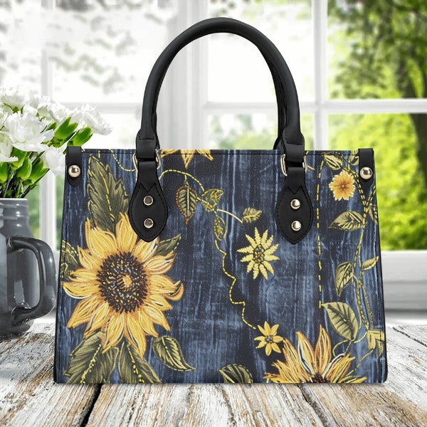 Sunflower and Faux Denim print handbag, Denim top handle purse with sunflowers, Gift for Gardener, Sunflower lover bag, Yellow flower bag