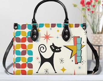Black Cat Handbag Mid Century Modern Purse Atomic Cat Shoulder Bag, 50s Mod Style handbag for Mom, Women's Purse Groovy Gift for Cat Lover