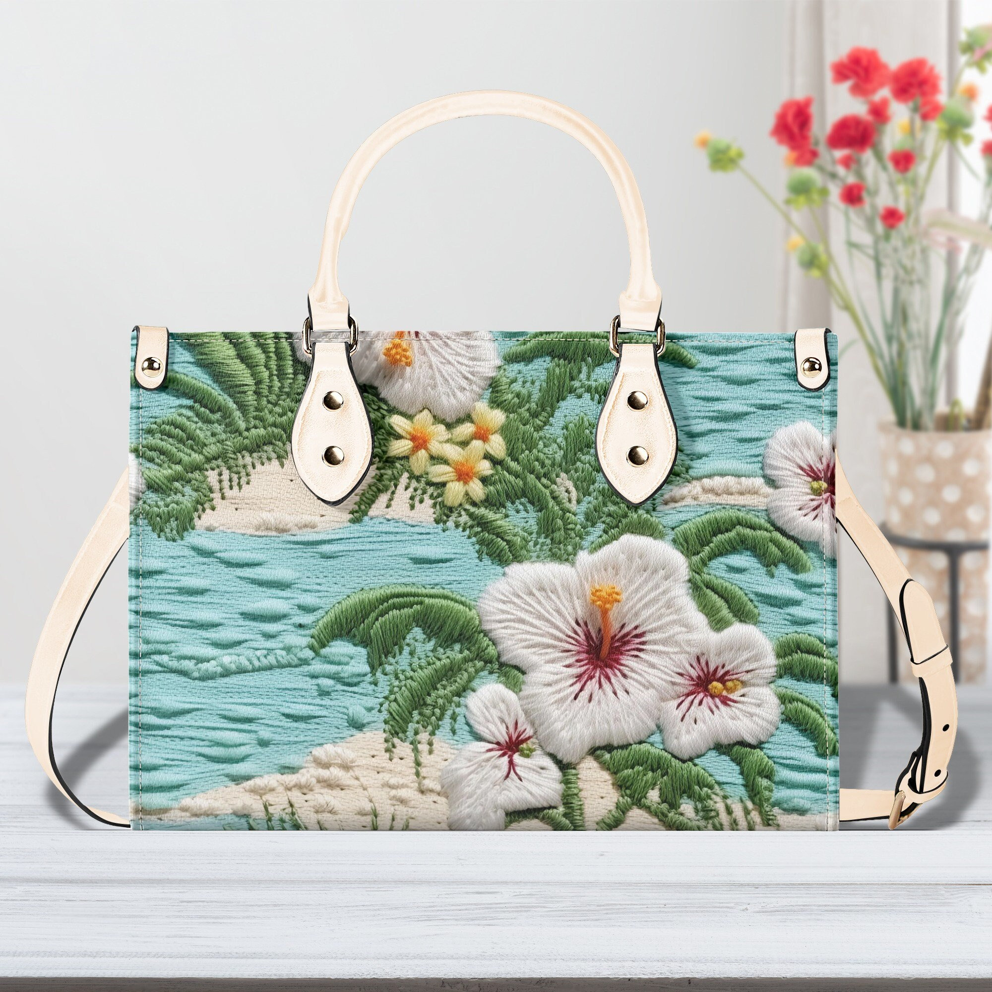Faux Embroidered Tropical Print Leather Tote Bag, Floral  display picture 3