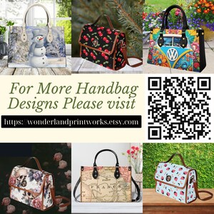 May include: Collection of handbags with various designs. One bag features a snowman in a winter scene, another has a cherry pattern, and a third showcases a VW bus. The image also includes a QR code and text: "For More Handbag Designs Please visit https://wonderlandprintworks.etsy.com".