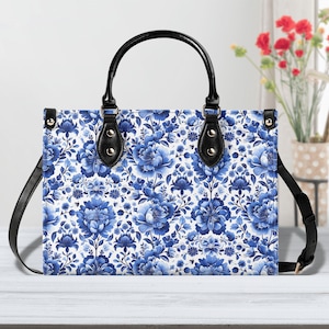 Blue Floral Handbag, Ladies Blue Delft Purse, Womens Leather Purse, Unique Floral Ladies Purse, Blue Flower Spring Handbag, Gift for her,
