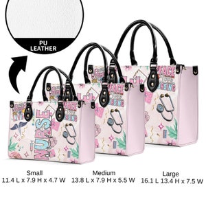 May include: Three PU leather tote bags in varying sizes, featuring a nurse-themed design. The bags have black handles and pink sides, with a white background adorned with medical symbols and the word "NURSE". Measurements: Small 11.4"L x 7.9"H x 4.7"W, Medium 13.8"L x 7.9"H x 5.5"W, Large 16.1"L x 13.4"H x 7.5"W.