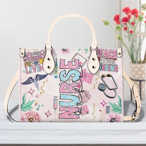 Nurse Print Vegan Leather Handbag, Floral Nursing Bag image 2