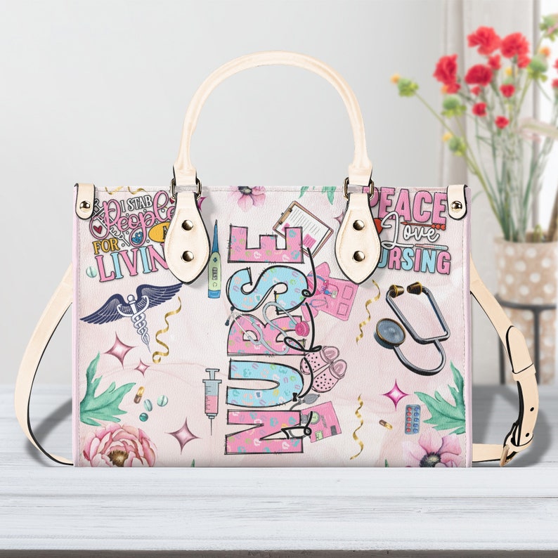 Nurse Print Vegan Leather Handbag, Floral Nursing Bag image 2