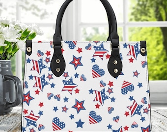 Amerikanska stjärnor och hjärtan-väska, damhandväska med 4 juli/Memorial Day-design, patriotisk vegansk läderväska, sommarväska i röd, vit och blå