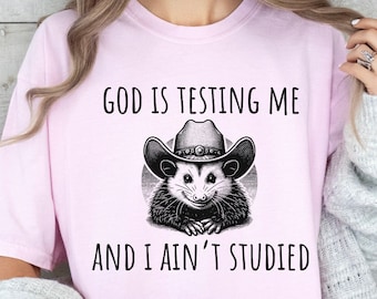 God is Testing Me Opossum T-Shirt, lustiges Possum Shirt, Cowboy Waschbär Shirt, meme Shirts, lustiges Geschenk für sie, Mutter Geschenk, Vintage Shirt, baggy