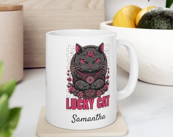 Personalized Lucky Cat Mug, Funny Cat Lover mug, Coworker gift, customized gift, funny office gift, Cat Mom Gift, cat lover mug, custom mug