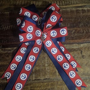 Nautical Equestrian Hair Bows: Blue Anchors on Red Ribbon