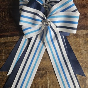 Equestrian Hair Bows - Horse Show Bows - Multi-colored Blue Stripes on White Grosgrain over Navy Blue Ribbon