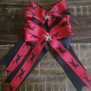 Equestrian Hair Bows: Black Horses on Red Grosgrain Ribbon