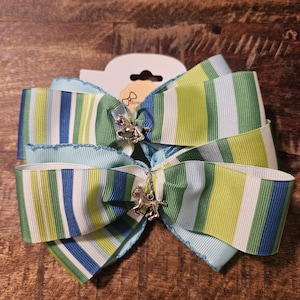 Green, White and Blue Stripe Shortie Bow Pair - Equestrian Horse Show Hair Bows