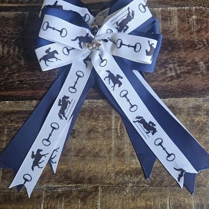 Equestrian Hair Bows: Black Horse Print on Navy Grosgrain