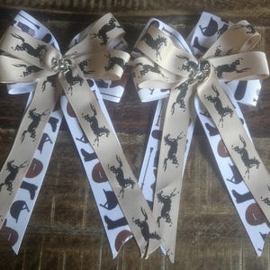 Equestrian Hair Bows - Horse Show Bows - Black Horses on Beige Ribbon over Tack Themed Grosgrain Ribbon