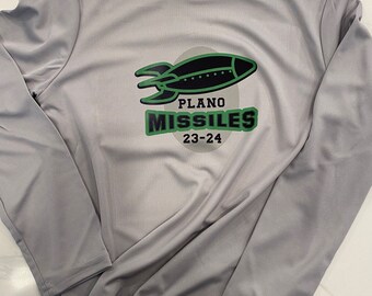 Custom dri fit long sleeve shirt, logo on front, name and number on back. Team shirt. Moisture wicking.