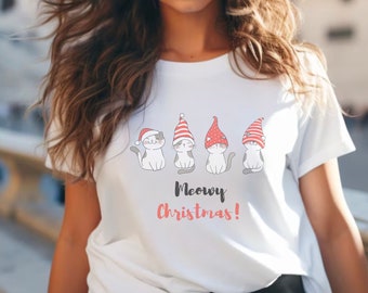 Camiseta de Natal Meowy, Camiseta de Natal de Gato, Presente de Natal para Amantes de Gatos, Camiseta de Natal Feminina, Camiseta de Natal de Gato, Camiseta de Amantes de Gatos