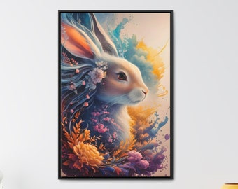 Serene Rabbit, Wall Art, Vibrant Floral Print, Canvas Print, Framed Print