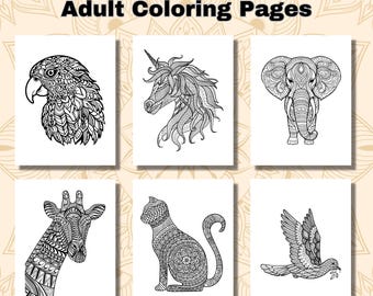 Könnte beinhalten: Ein Set mit sechs Schwarzweiß-Malvorlagen mit kunstvollen Tier-Mandala-Motiven. Die Tiere sind ein Papagei, ein Einhorn, ein Elefant, eine Giraffe, eine Katze und ein Vogel.
