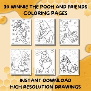Könnte beinhalten: Ein Set mit 30 Malvorlagen von Winnie Puuh und seinen Freunden. Die Seiten zeigen Schwarzweißillustrationen von Winnie Puuh, Tigger, Ferkel, Esel und anderen Figuren aus der beliebten Kinderbuchreihe.