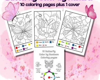 10 Butterfly Color by Number Coloring Pages, Butterfly Color by Number, Printable Coloring Pages for Kids & Adults, Relaxing Art Activity