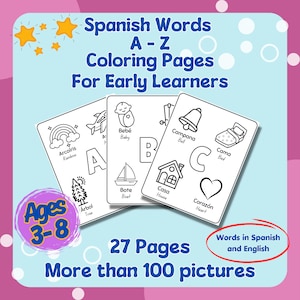 Spanish Words A - Z Coloring Pages, printable coloring pages, Spanish coloring pages, easy coloring, Spanish printable, digital download
